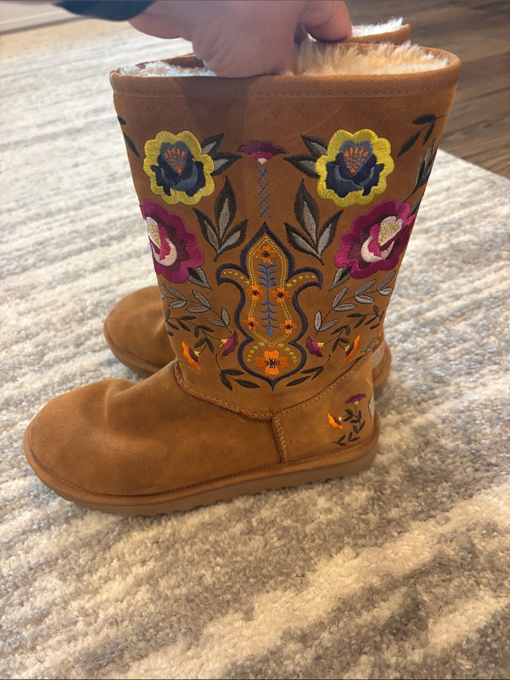 UGG Chestnut Suede Mid-Calf Boots with Colorful Floral Embroidery - Picture 4 of 6